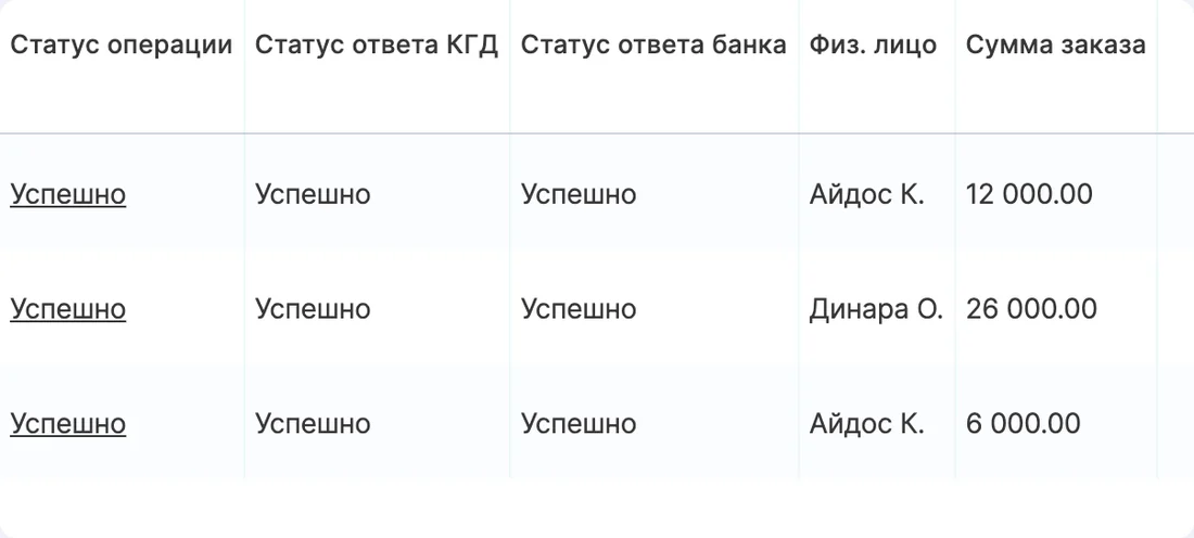 Операции: статус операции, ответ КГД и ответ банка «Успешно»